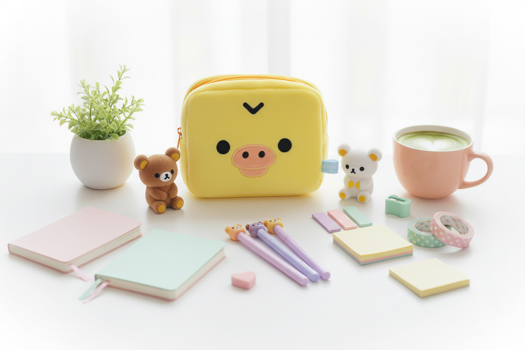 Kiiroitori plush makeup bag on white desk with pastel kawaii stationery