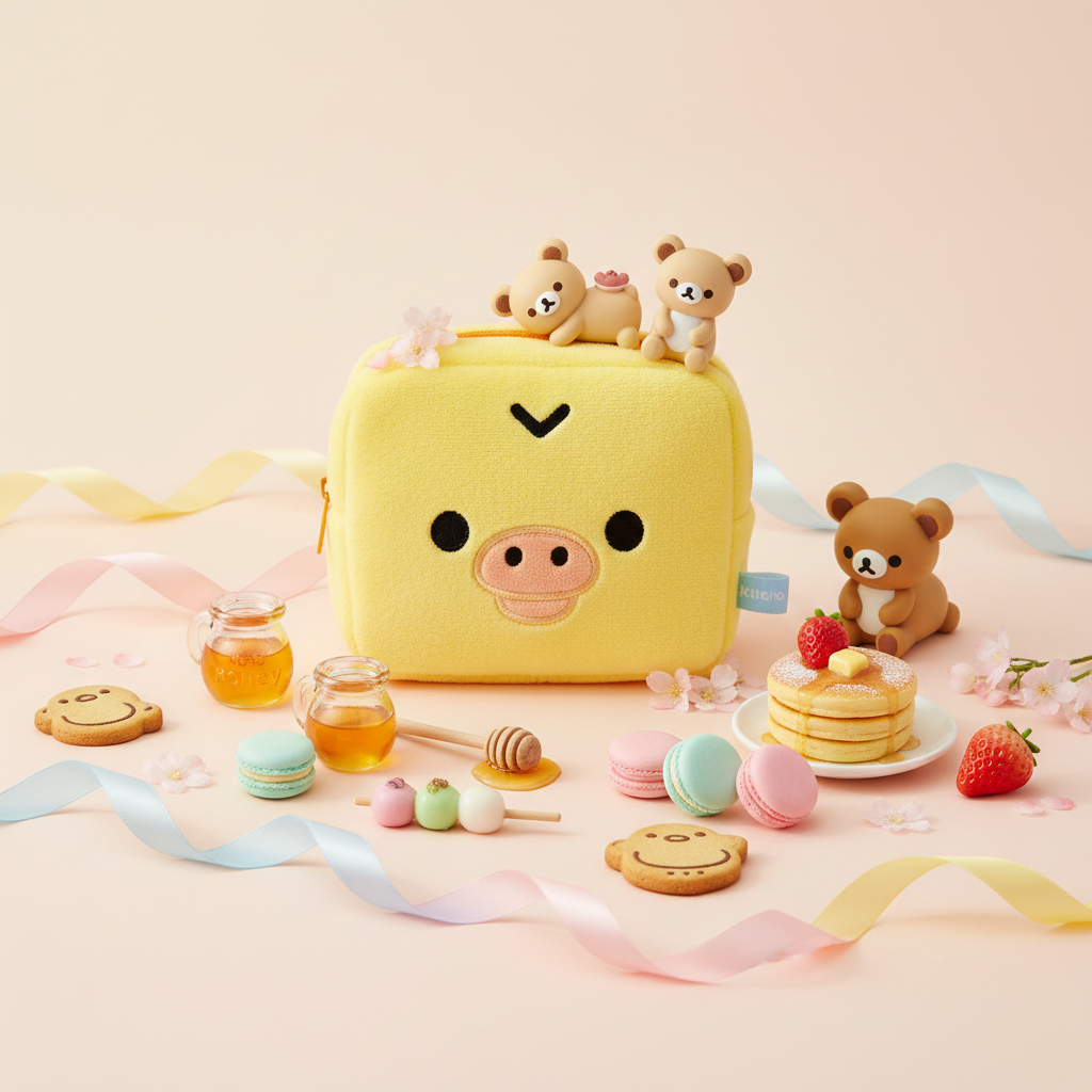 Kiiroitori plush makeup bag with sweet Rilakkuma props on pastel background