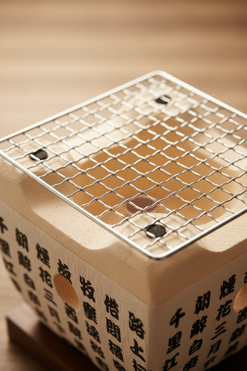 Close-up detail of diatomite ceramic and iron mesh craftsmanship