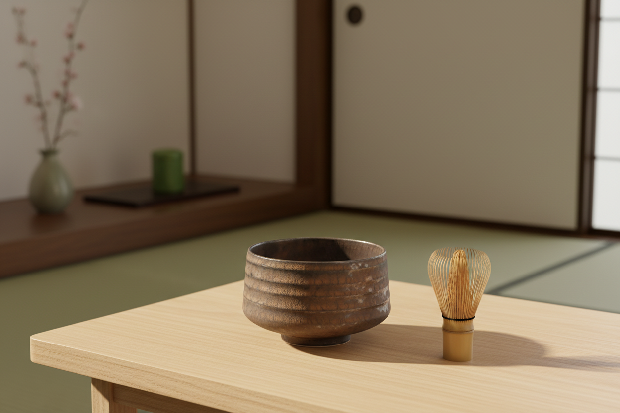 Crystal gold matcha bowl with bamboo whisk tea ceremony setup