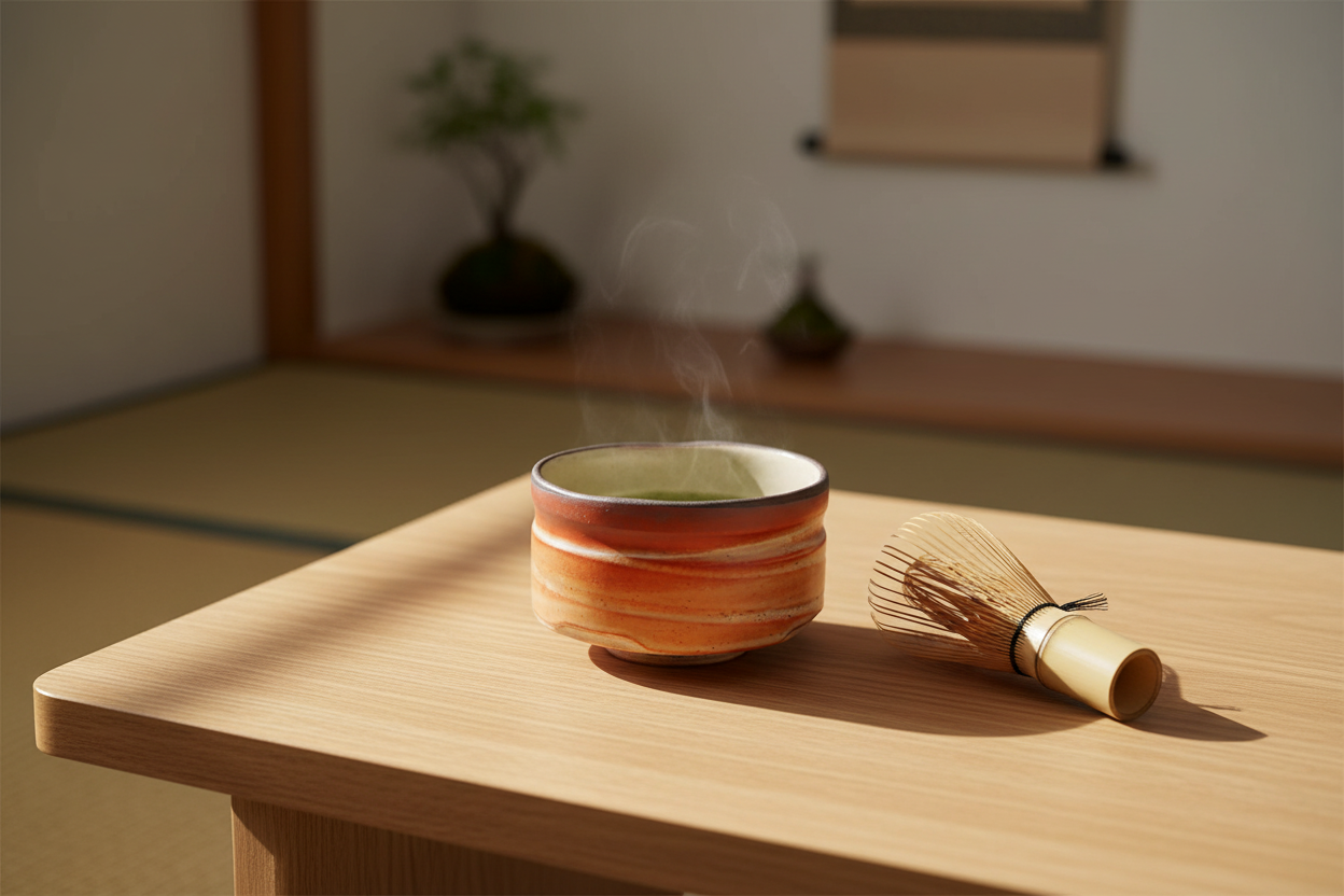 Warm orange matcha bowl with bamboo whisk tea ceremony setup