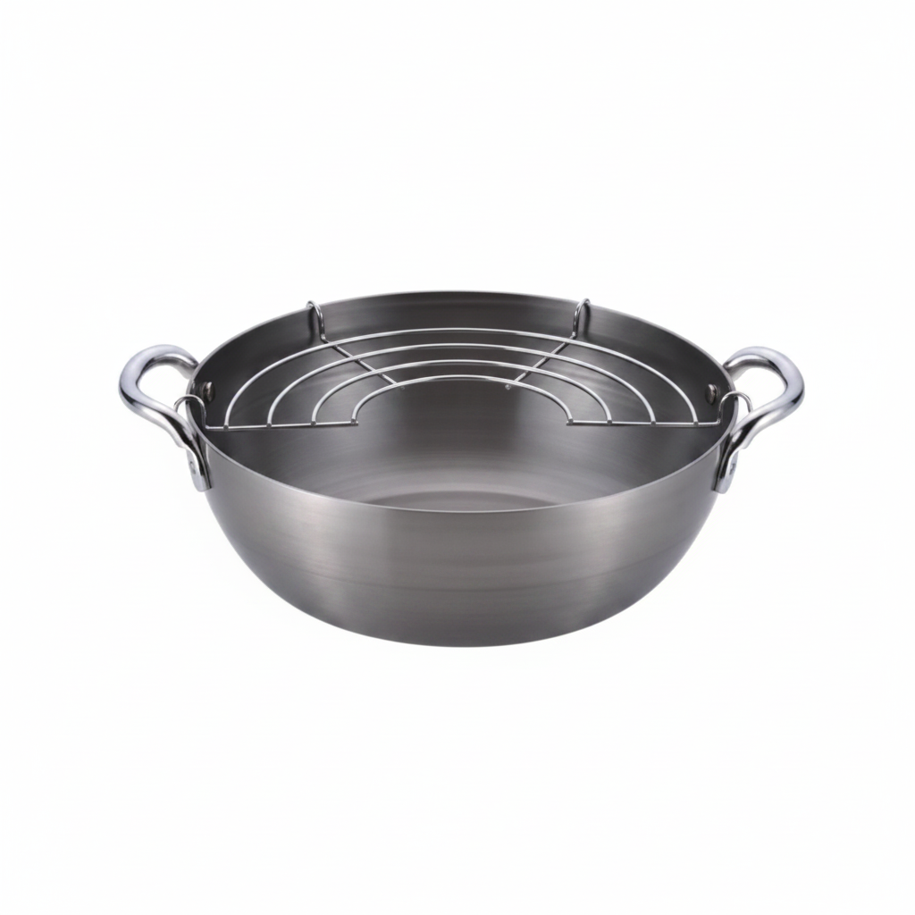 Chitose iron tempura pot with wire rack on white background