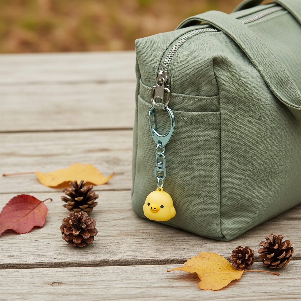 Kiiroitori Komorebi Camp bell keychain clipped onto a sage green tote bag with autumn leaves
