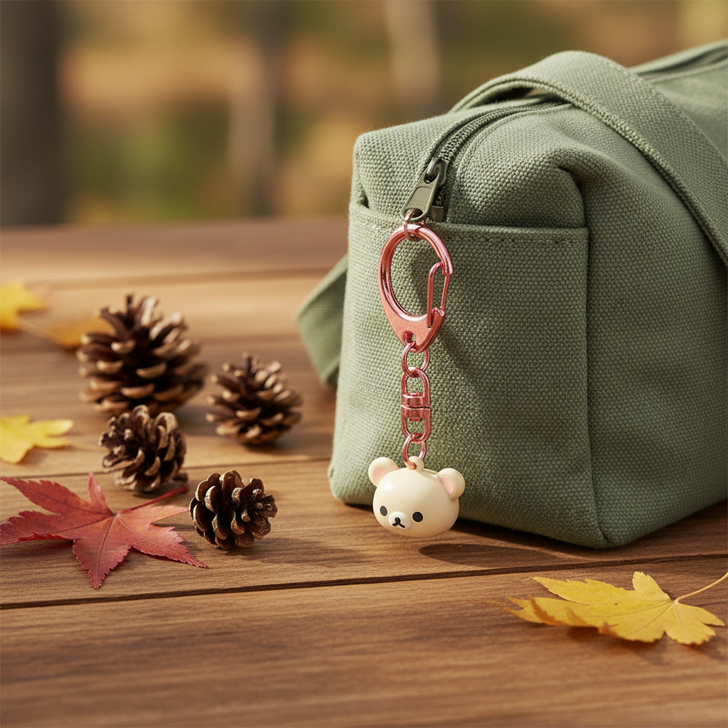 Korilakkuma Komorebi Camp bell keychain clipped onto a sage green tote bag with autumn leaves