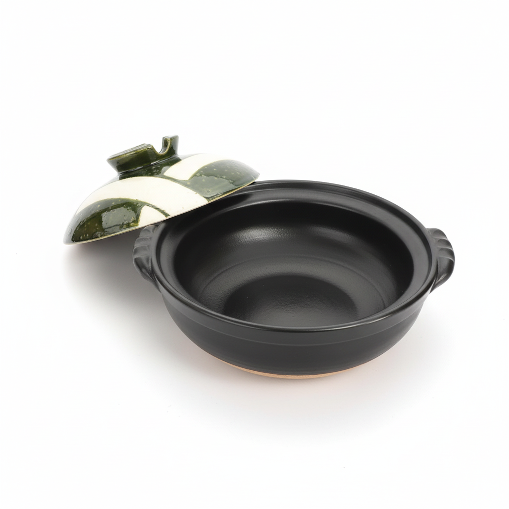Banko Yaki Oribe Koushi donabe white background lid open interior view