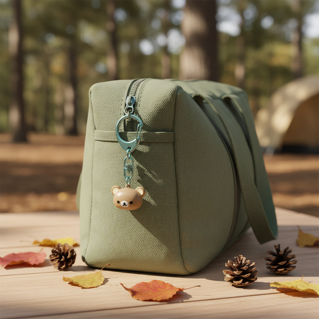 Rilakkuma Komorebi Camp bell keychain clipped onto a sage green tote bag with autumn leaves
