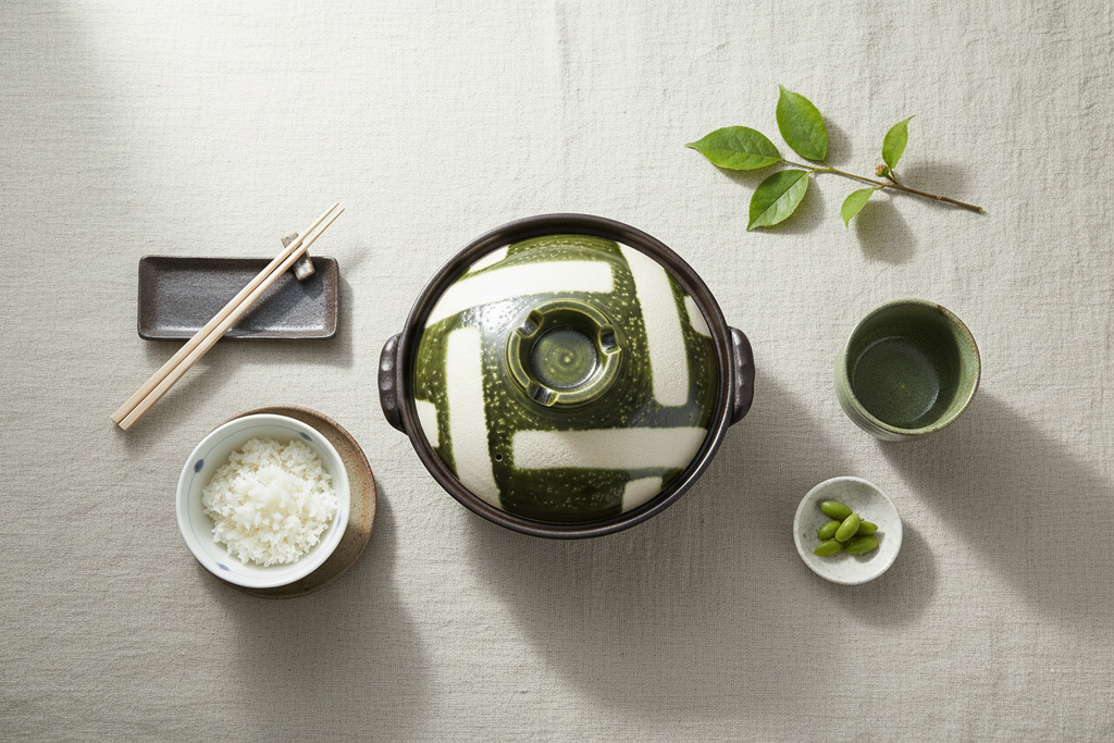 Banko Yaki Oribe Koushi donabe flat lay with Japanese dining elements