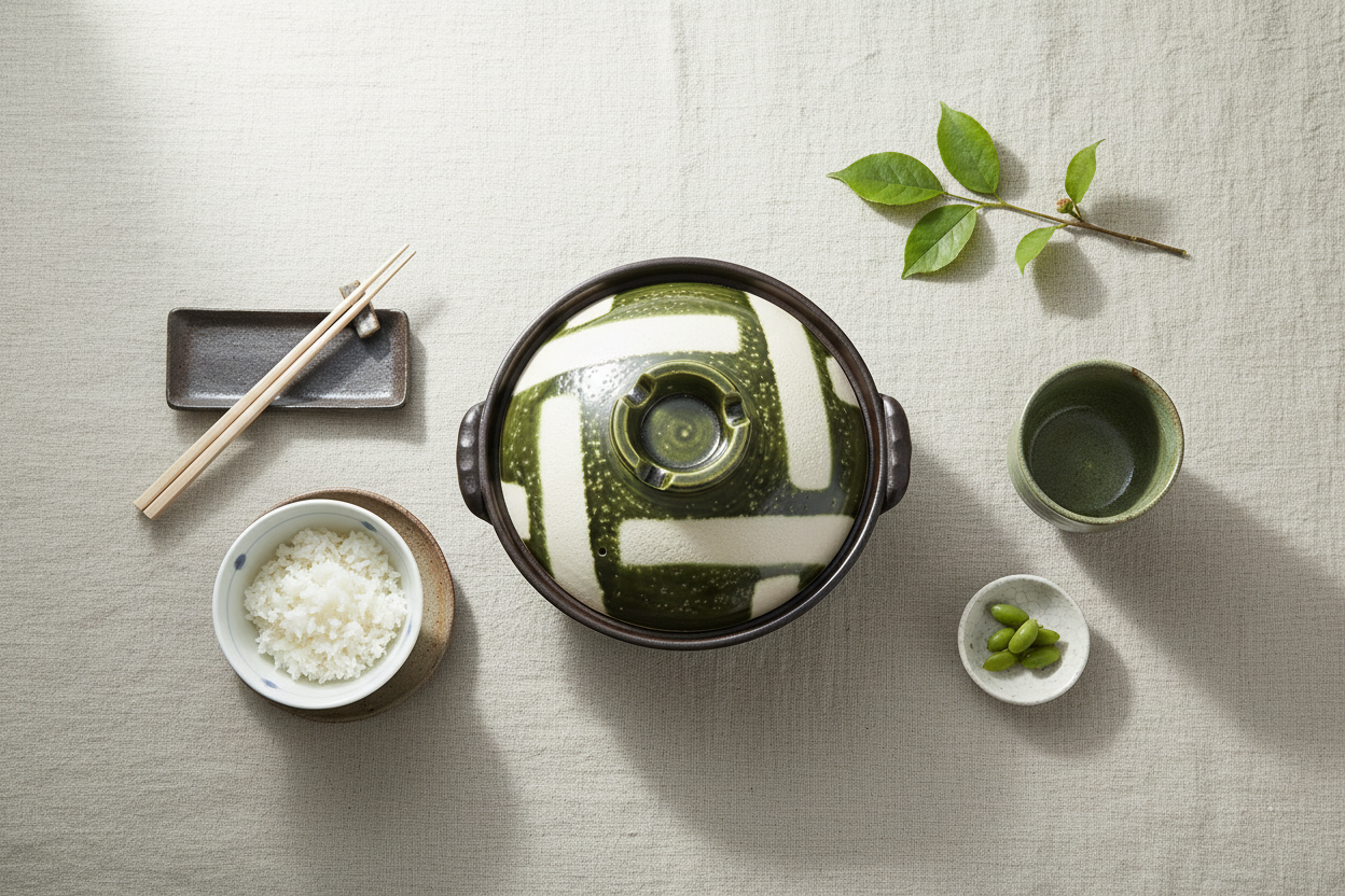 Banko Yaki Oribe Koushi donabe flat lay with Japanese dining elements
