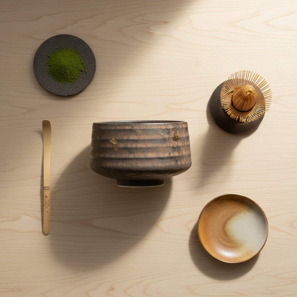 Gold and brown matcha bowl flat lay with tea accessories