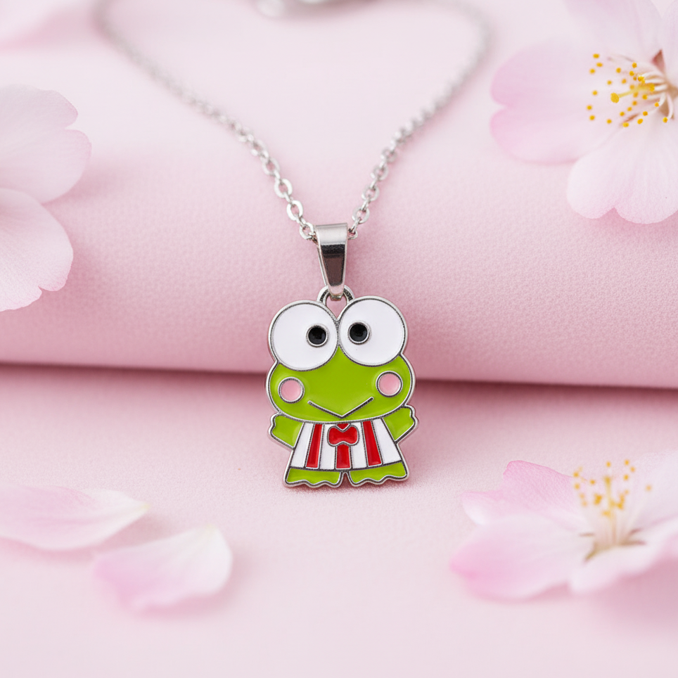 Keroppi full body pendant necklace close-up with cherry blossoms