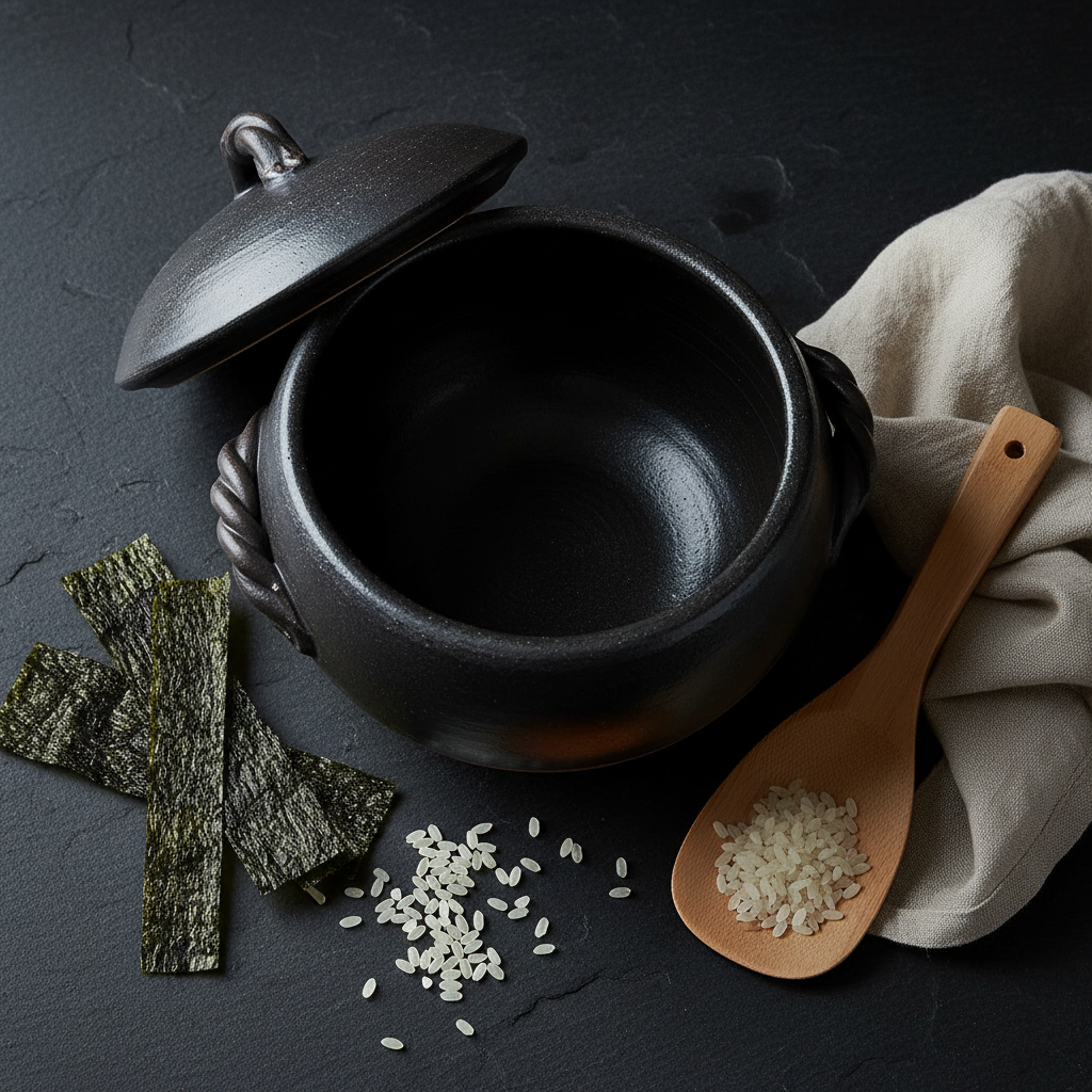 Banko Yaki Clay Rice Pot lifestyle - overhead flat lay