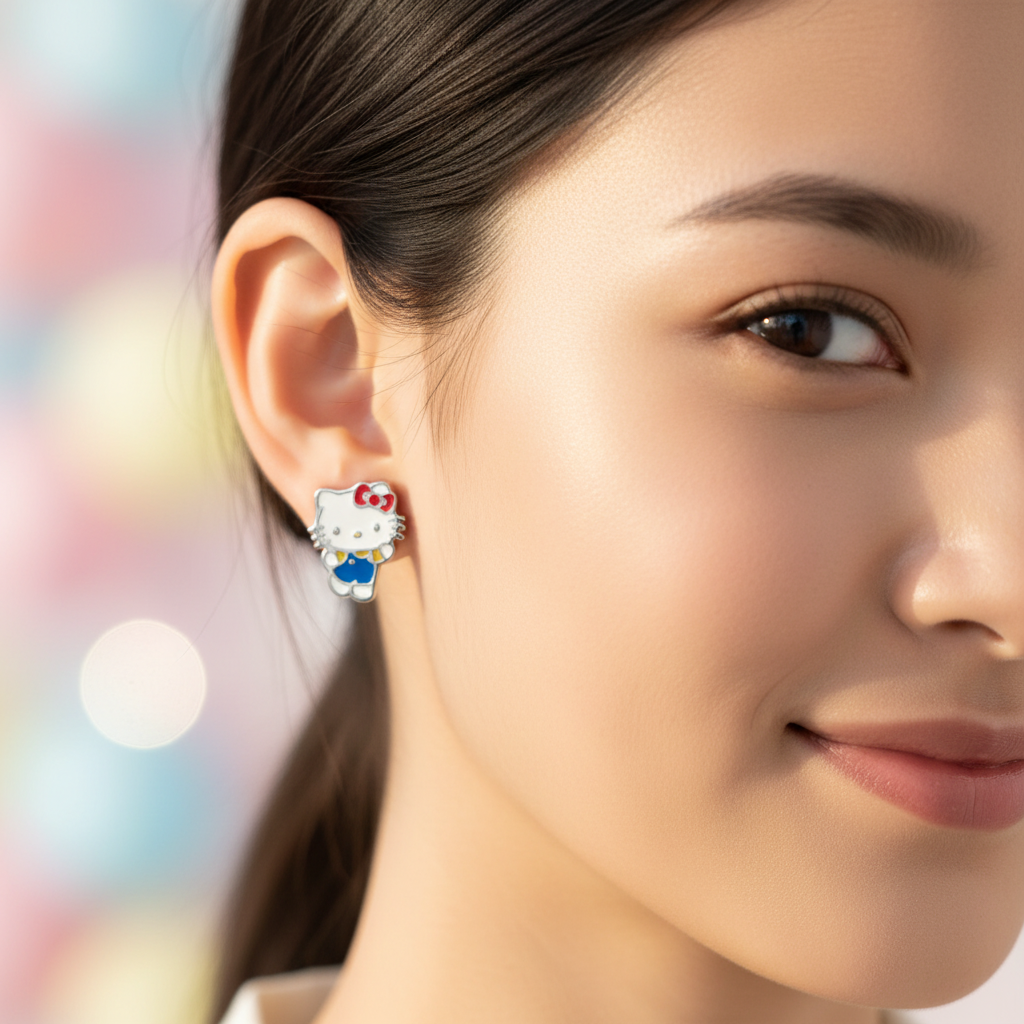 Woman wearing Hello Kitty full body stud earrings