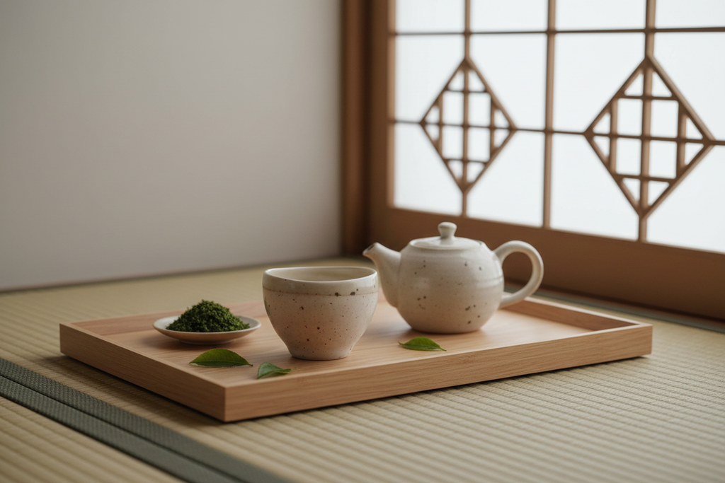Rokuro Hiwa Beige Teacup – Lifestyle with Original Photo